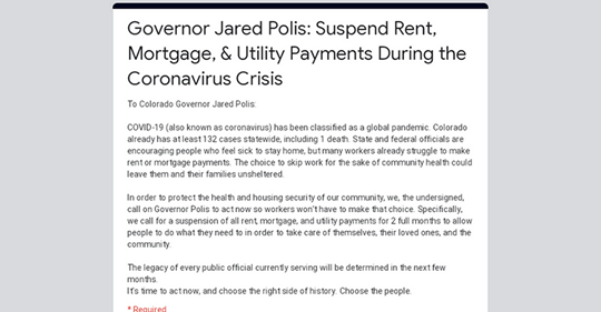 Google form screenshot for polling about suspending rent, mortgage, utility payments during covid